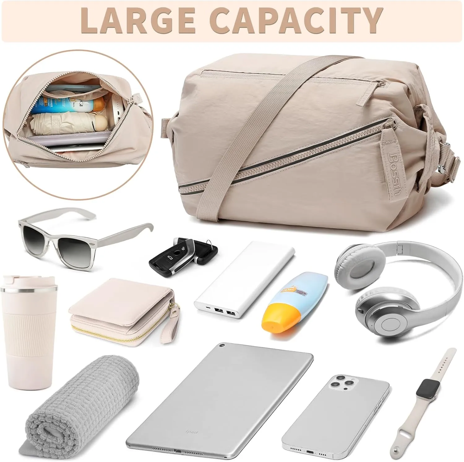 BOSSTIN Small Gym Bag for Women Men, Small Duffle Bag Crossbody Bags for Women, Lightweight Compact Sports Bag for Gym Work Fitness Travel, 3 in 1 Workout Bag-Apricot