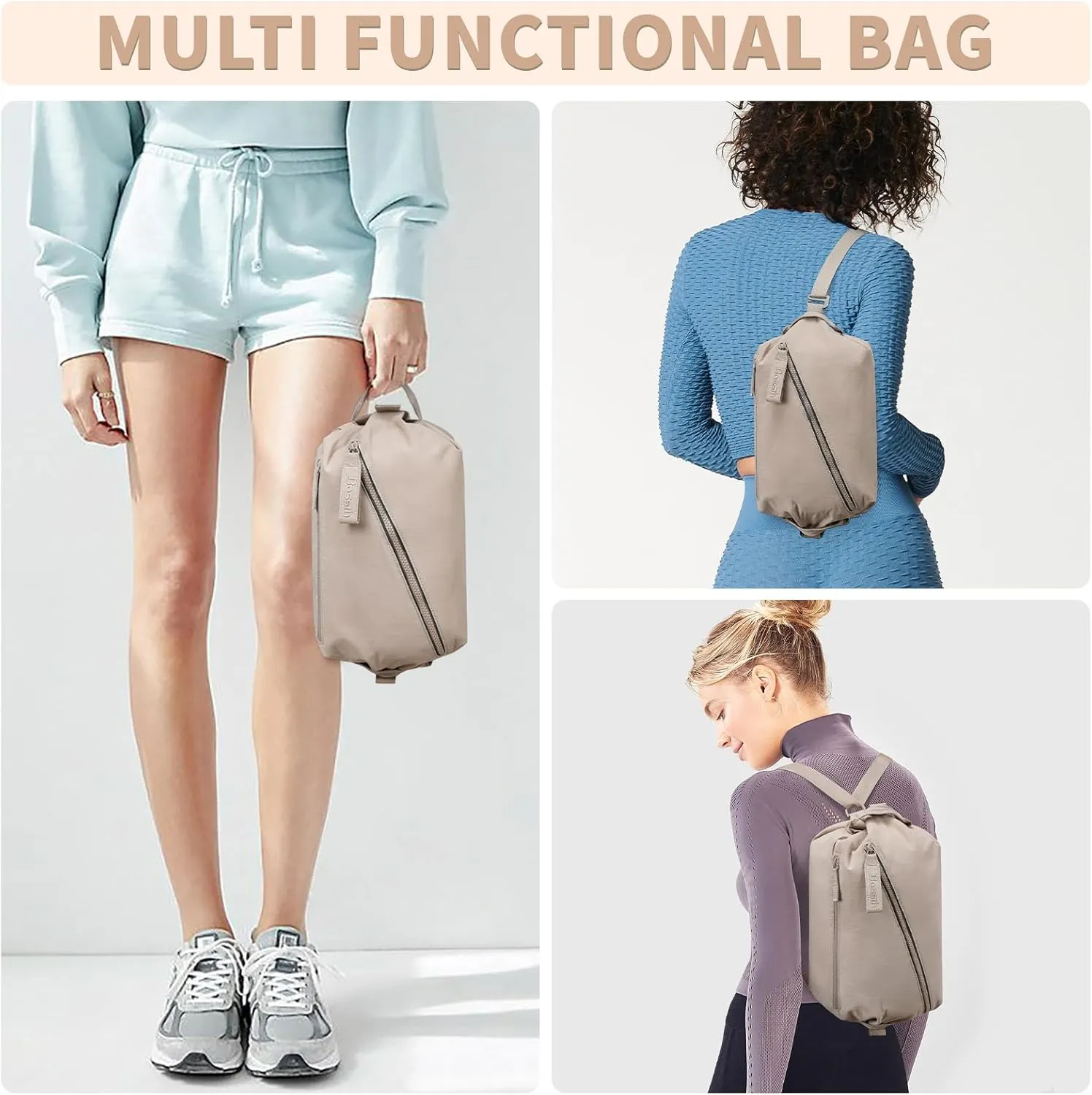 BOSSTIN Small Gym Bag for Women Men, Small Duffle Bag Crossbody Bags for Women, Lightweight Compact Sports Bag for Gym Work Fitness Travel, 3 in 1 Workout Bag-Apricot