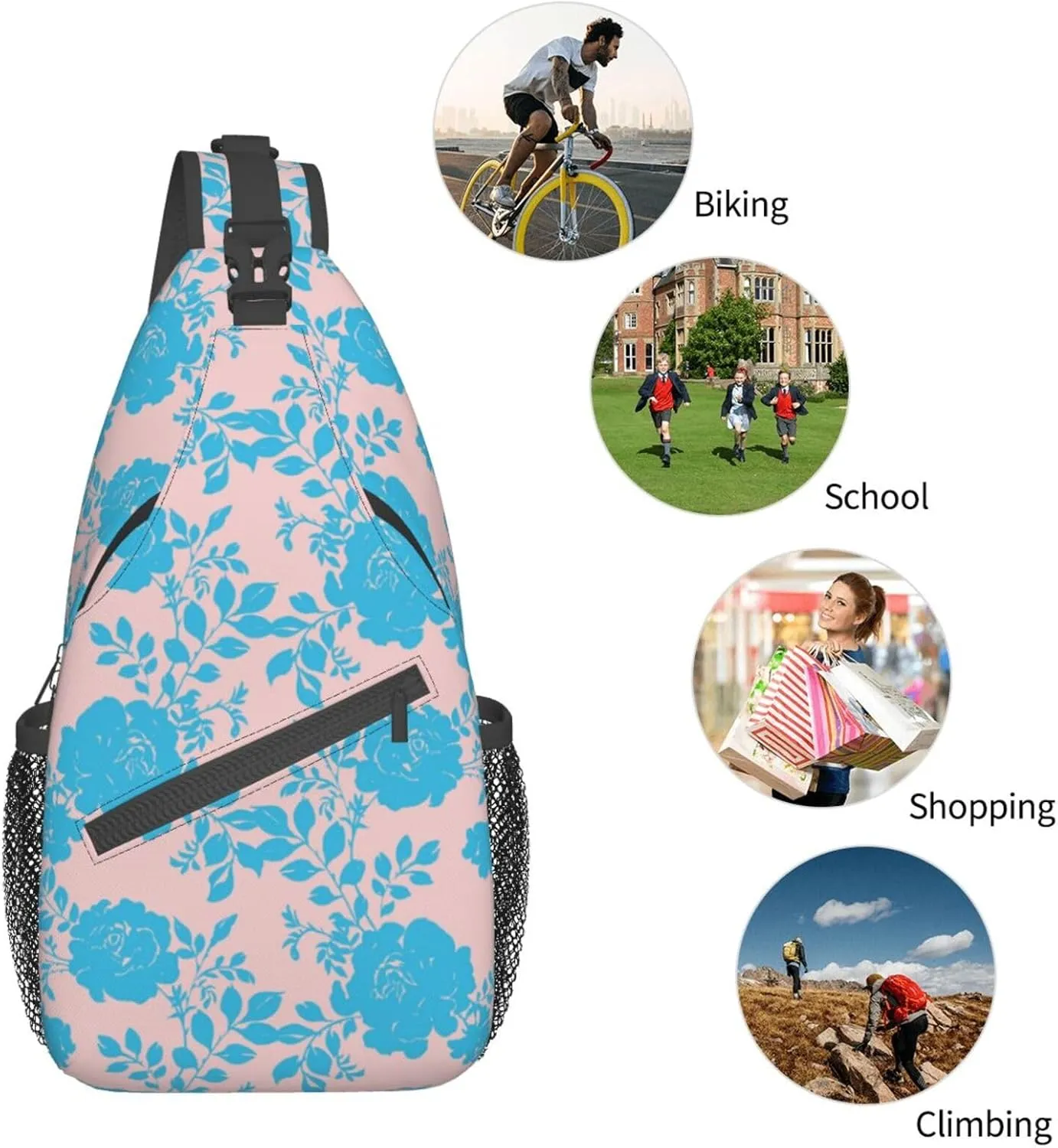 Botanical Blue Rose Flowers Pink Sling Bag for Women Men's Crossbody Sling Backpack Travel Hiking Daypack Shoulder Chest Bag with Adjustable Strap