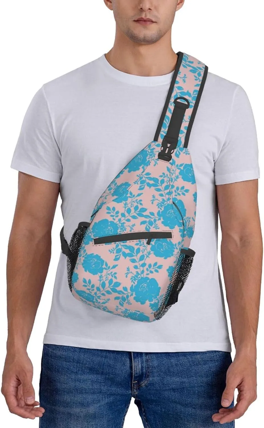 Botanical Blue Rose Flowers Pink Sling Bag for Women Men's Crossbody Sling Backpack Travel Hiking Daypack Shoulder Chest Bag with Adjustable Strap