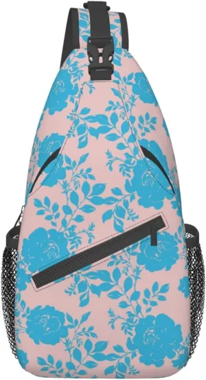 Botanical Blue Rose Flowers Pink Sling Bag for Women Men's Crossbody Sling Backpack Travel Hiking Daypack Shoulder Chest Bag with Adjustable Strap