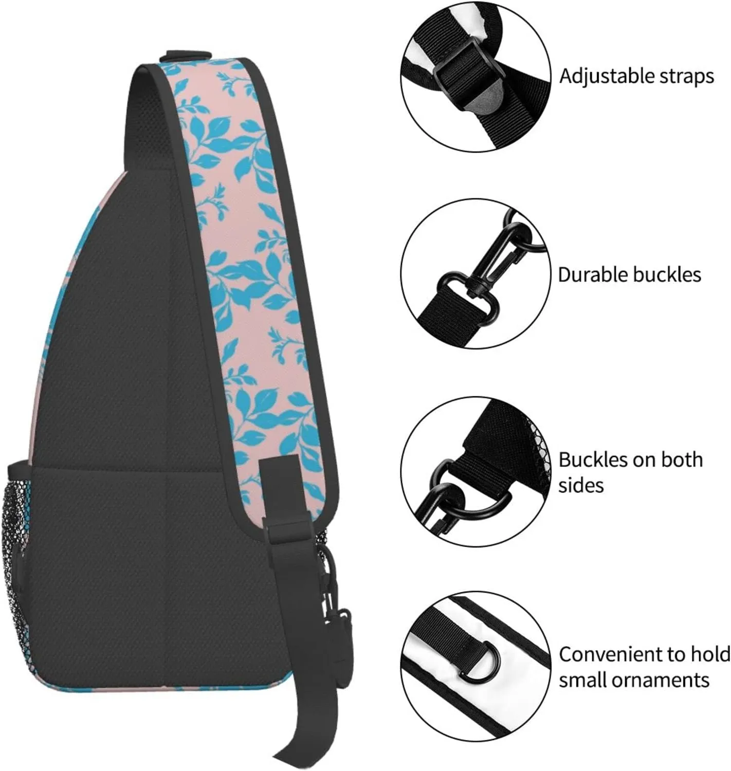 Botanical Blue Rose Flowers Pink Sling Bag for Women Men's Crossbody Sling Backpack Travel Hiking Daypack Shoulder Chest Bag with Adjustable Strap