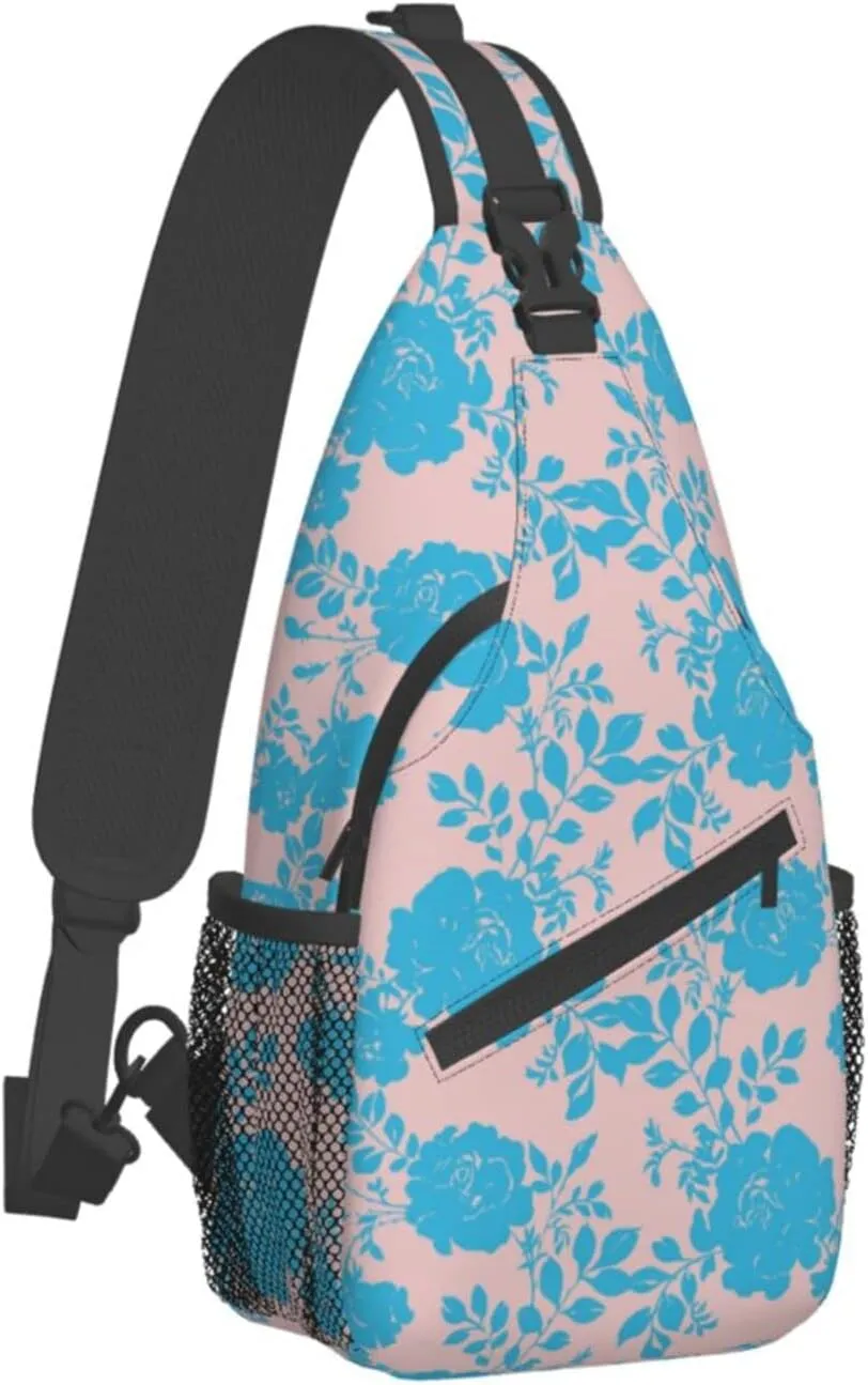 Botanical Blue Rose Flowers Pink Sling Bag for Women Men's Crossbody Sling Backpack Travel Hiking Daypack Shoulder Chest Bag with Adjustable Strap