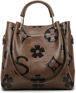Bucket Bag for Women,Floral Embossed Tote Bag Trendy Vintage Crossbody Bag Large Vegan Leather Hobo Shoulder Handbag