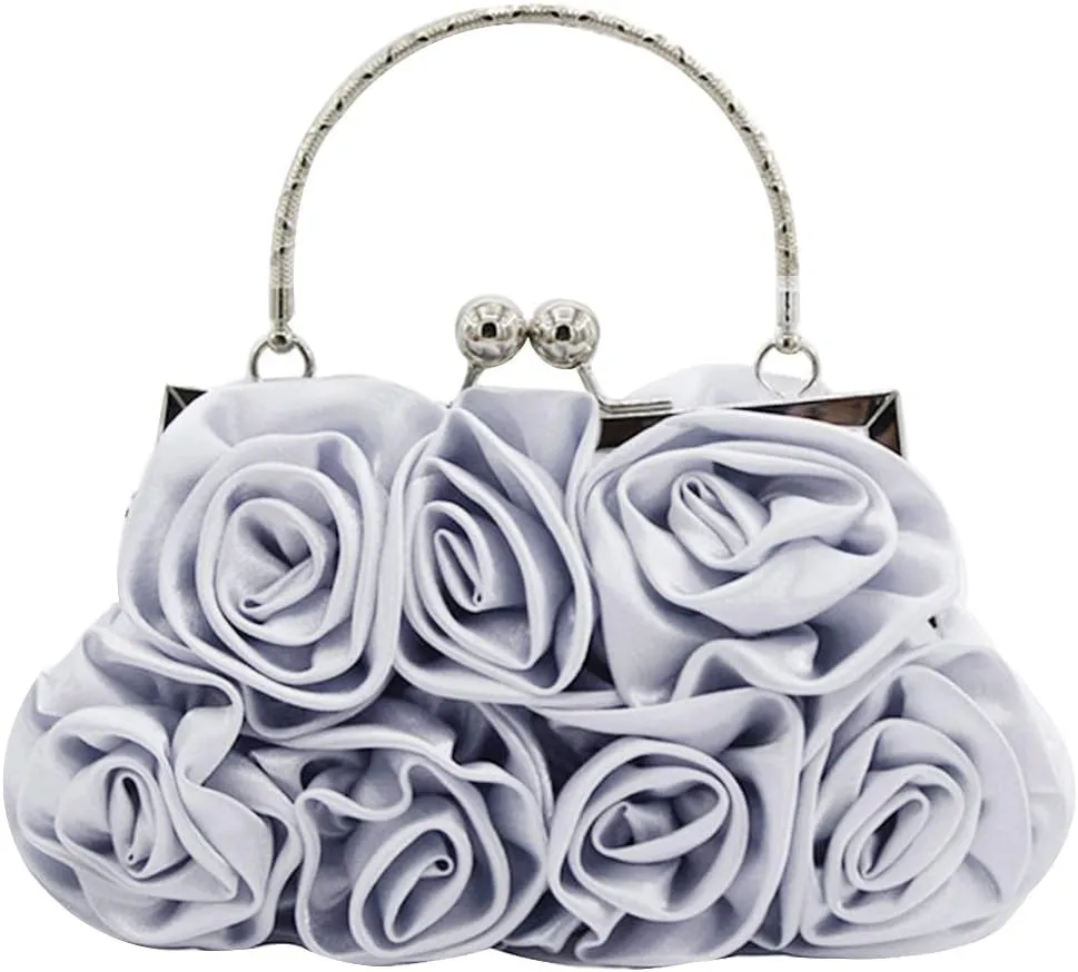 Buddy Women Rose Shaped Clutch Soft Satin Wristlet Handbag Wedding Party Purse