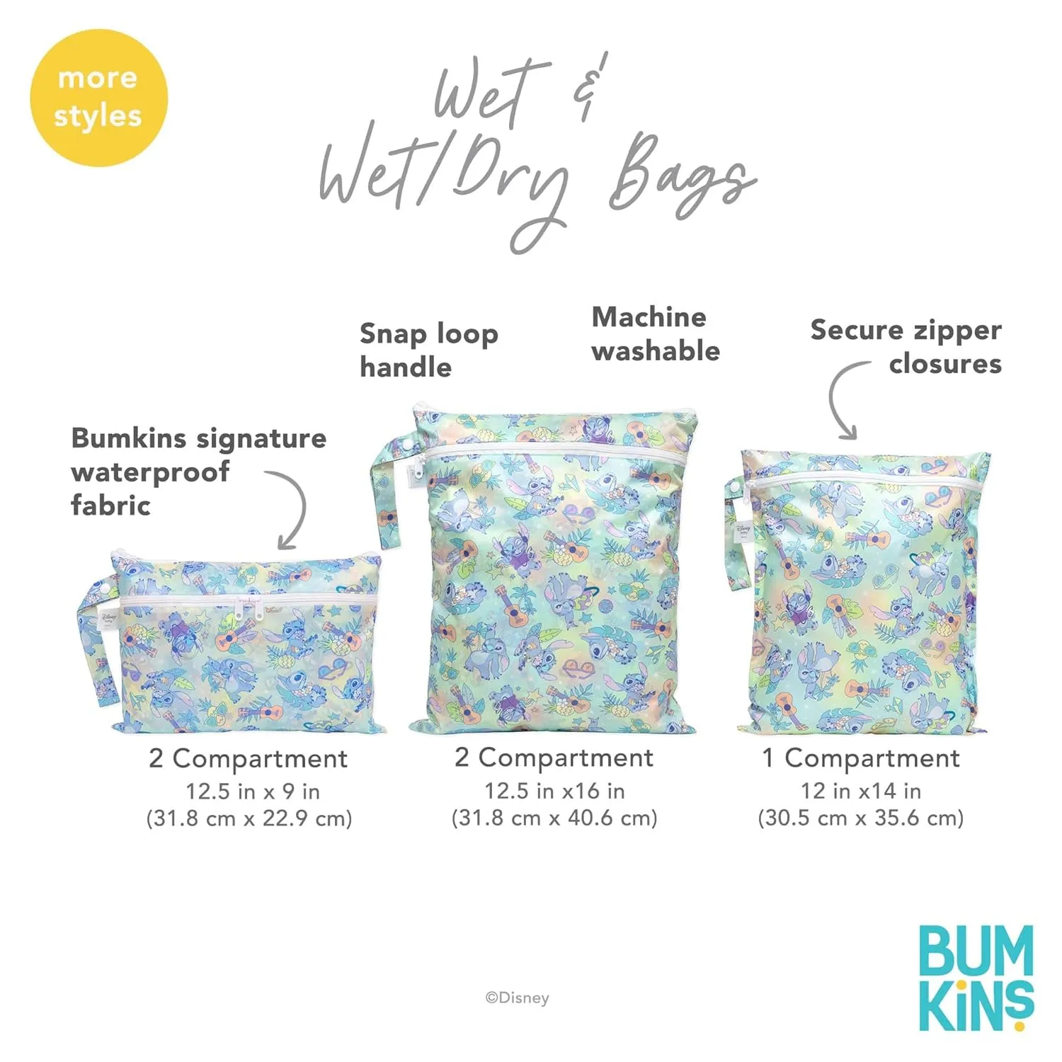 Bumkins Disney Waterproof Wet Bag for Baby, Travel, Swim Suit, Cloth Diapers, Pump Parts, Pool, Beach, Gym Clothes, Toiletry, Hook to Stroller, Daycare, Zipper Reusable Wetdry Packing Pouch, Stitch
