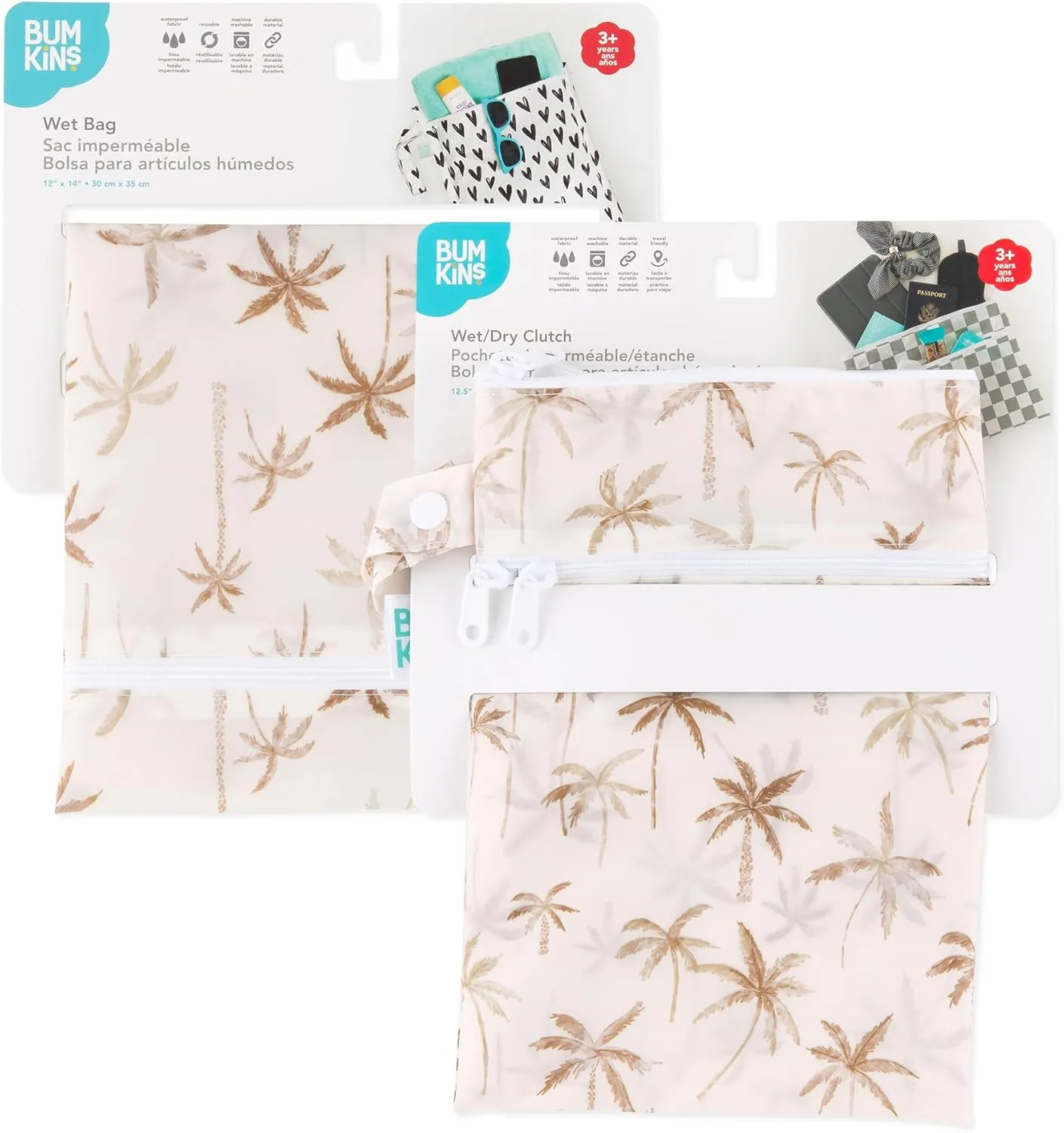 Bumkins Waterproof Wet Bag and Wet Dry Clutch Bags for Baby, Travel, Swim Suit, Cloth Diapers, Pump Parts, Pool, Gym Clothes, Toiletry, Hook to Stroller, Daycare, Zip Packing Pouch, 2-pk Palm Trees