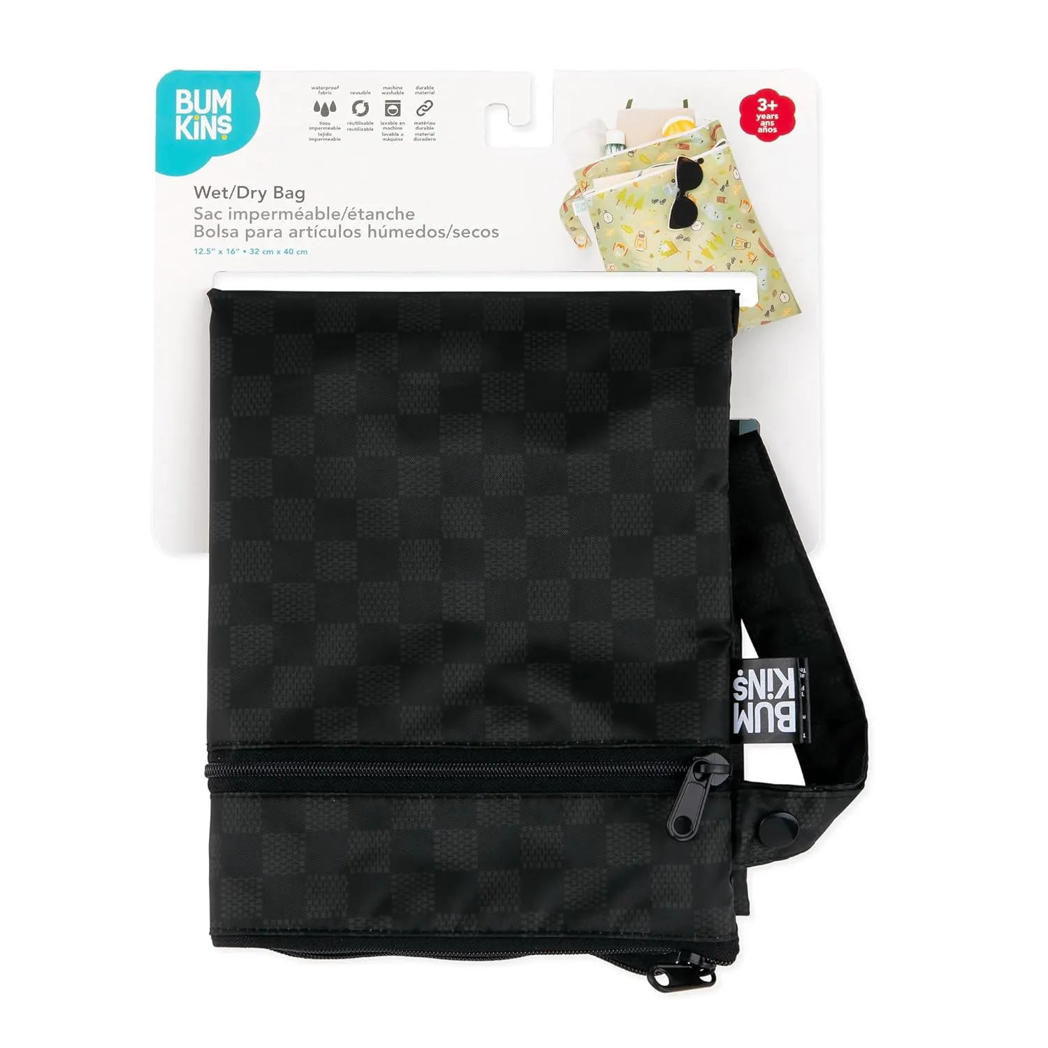 Bumkins Waterproof Wet Dry Bag for Baby, Travel, Swim Suit, Cloth Diapers, Pump Parts, Pool, Beach, Gym Clothes, Toiletry, Hook to Stroller, Daycare, Zipper Reusable Wetdry Packing Pouch, Black Check