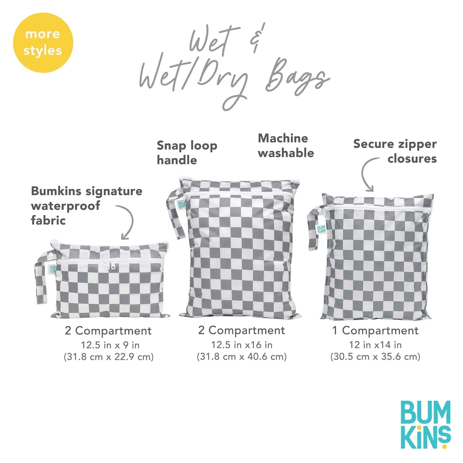 Bumkins Waterproof Wet Dry Bag for Baby, Travel, Swim Suit, Cloth Diapers, Pump Parts, Pool, Beach, Gym Clothes, Toiletry, Hook to Stroller, Daycare, Zipper Reusable Wetdry Packing Pouch, Black Check
