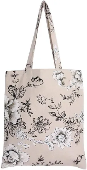 Caixia Women's Cotton Daisy Floral Canvas Tote Shopping Bag Light Brown, Black Floral/Zip Closure, Medium