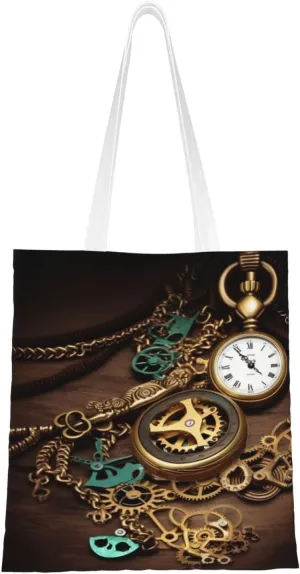 Canvas Tote Bag Aesthetic for Women Steampunk Watches Keys and Chains Shopping Bags Large Tote Shoulder Bag Reusable Grocery Bags Hobo Bags Casual Handbags Cute Cloth Bags Birthday Gifts