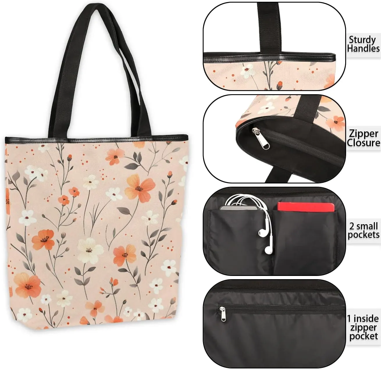 Canvas Tote Bag for Women Reusable Grocery Shopping Bag with Zipper Women Gift