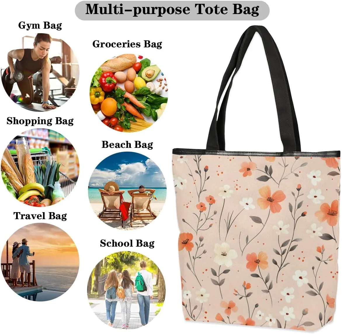 Canvas Tote Bag for Women Reusable Grocery Shopping Bag with Zipper Women Gift