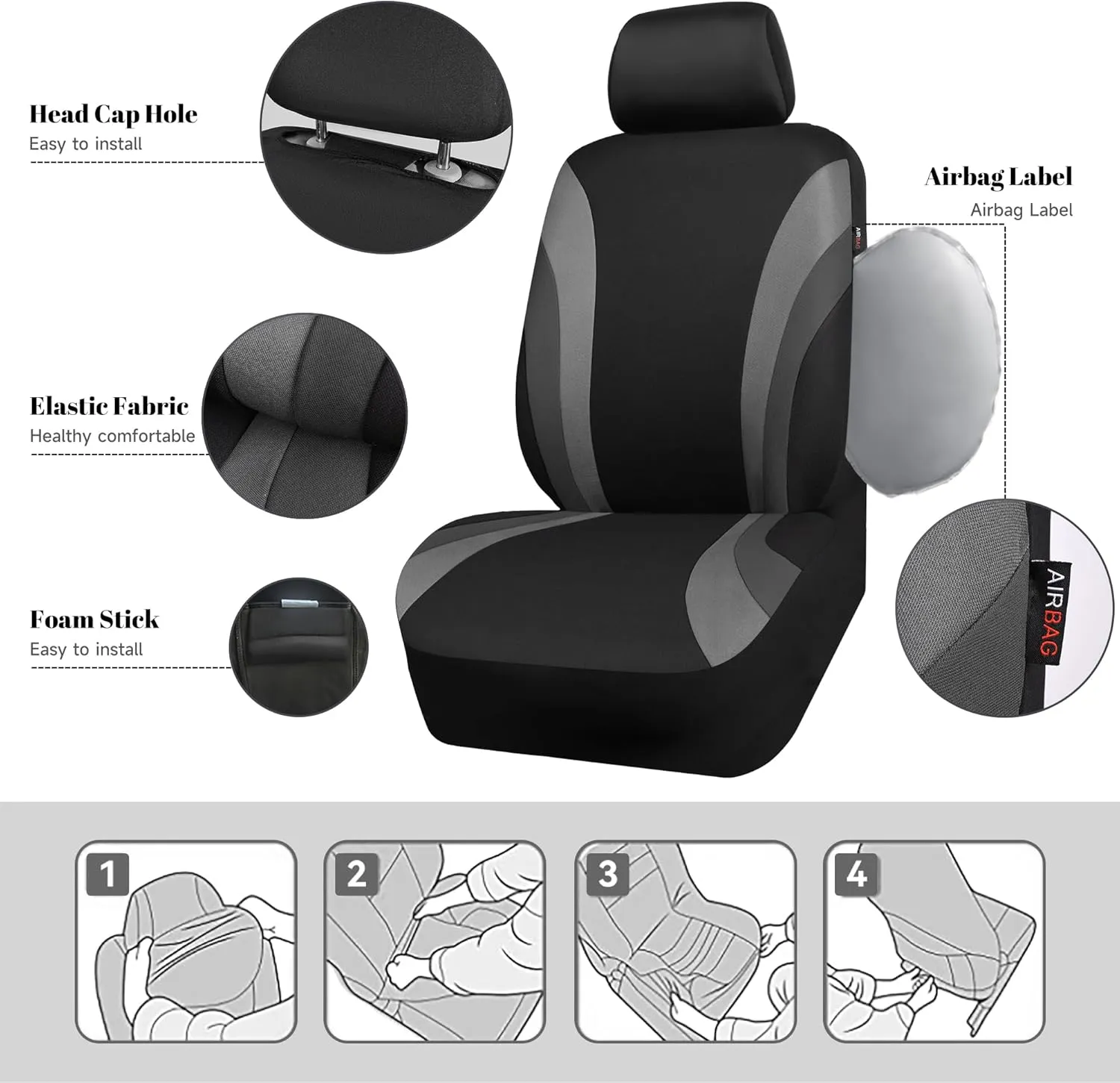 CAR PASS Line Rider Sporty Front Seat Covers,Gray Car Seat Covers Two Front Seats Only, Airbag Compatible,Universal Fit Sedans,Cars,Vans,SUV,Truck(Black and Gray)