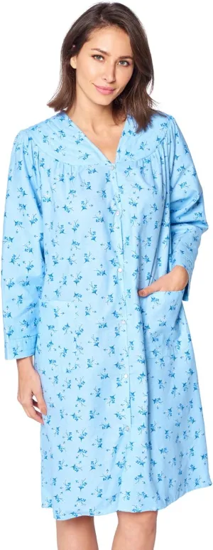 Casual Nights Women's Floral Snap Front Flannel Duster Long Sleeve Lounger Dress