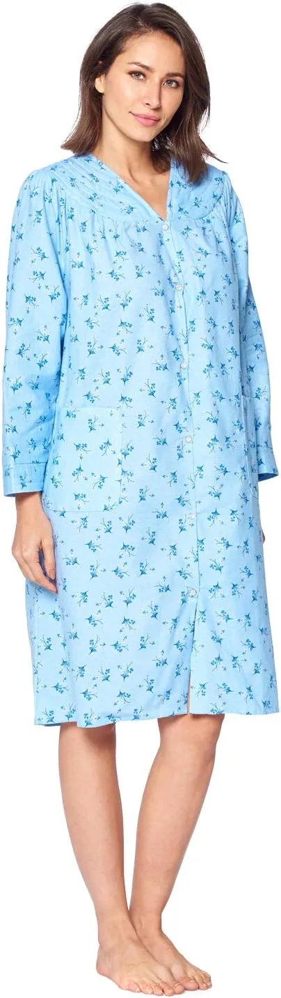 Casual Nights Women's Floral Snap Front Flannel Duster Long Sleeve Lounger Dress