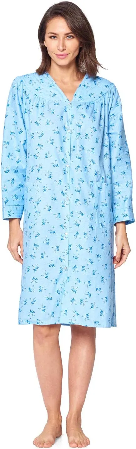 Casual Nights Women's Floral Snap Front Flannel Duster Long Sleeve Lounger Dress