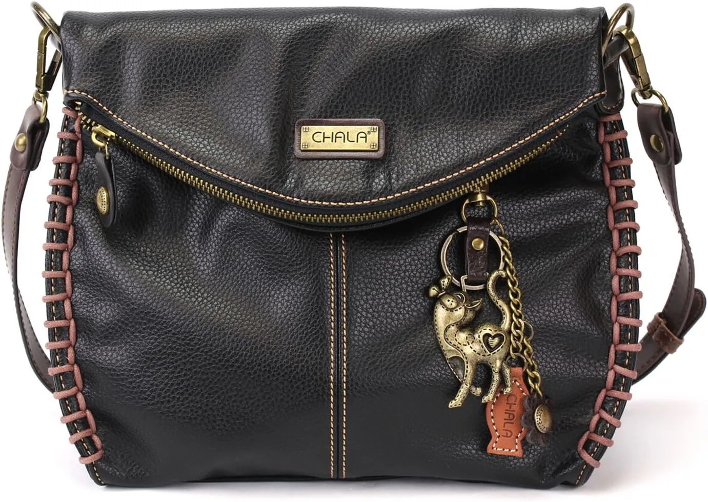 Chala Charming Crossbody Bag With Flap Top | Flap and Zipper Black Cross-Body Purse or Shoulder Handbag with Metal Chain - Slim Cat