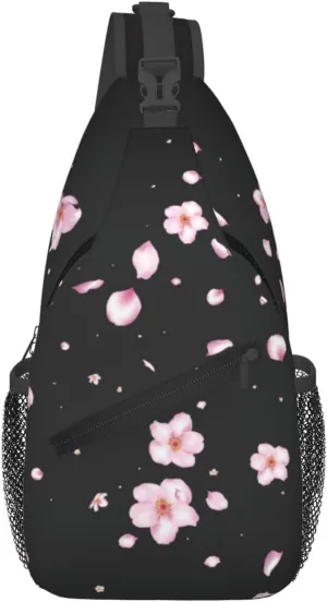 Cherry Blossom Sling Bag Crossbody Backpack,Abstract Japanese Pink Flowers with Flying Petals Chest Bag Casual Shoulder Backpack Nice Floral Print Sports Travel Hiking Daypack for Women Men