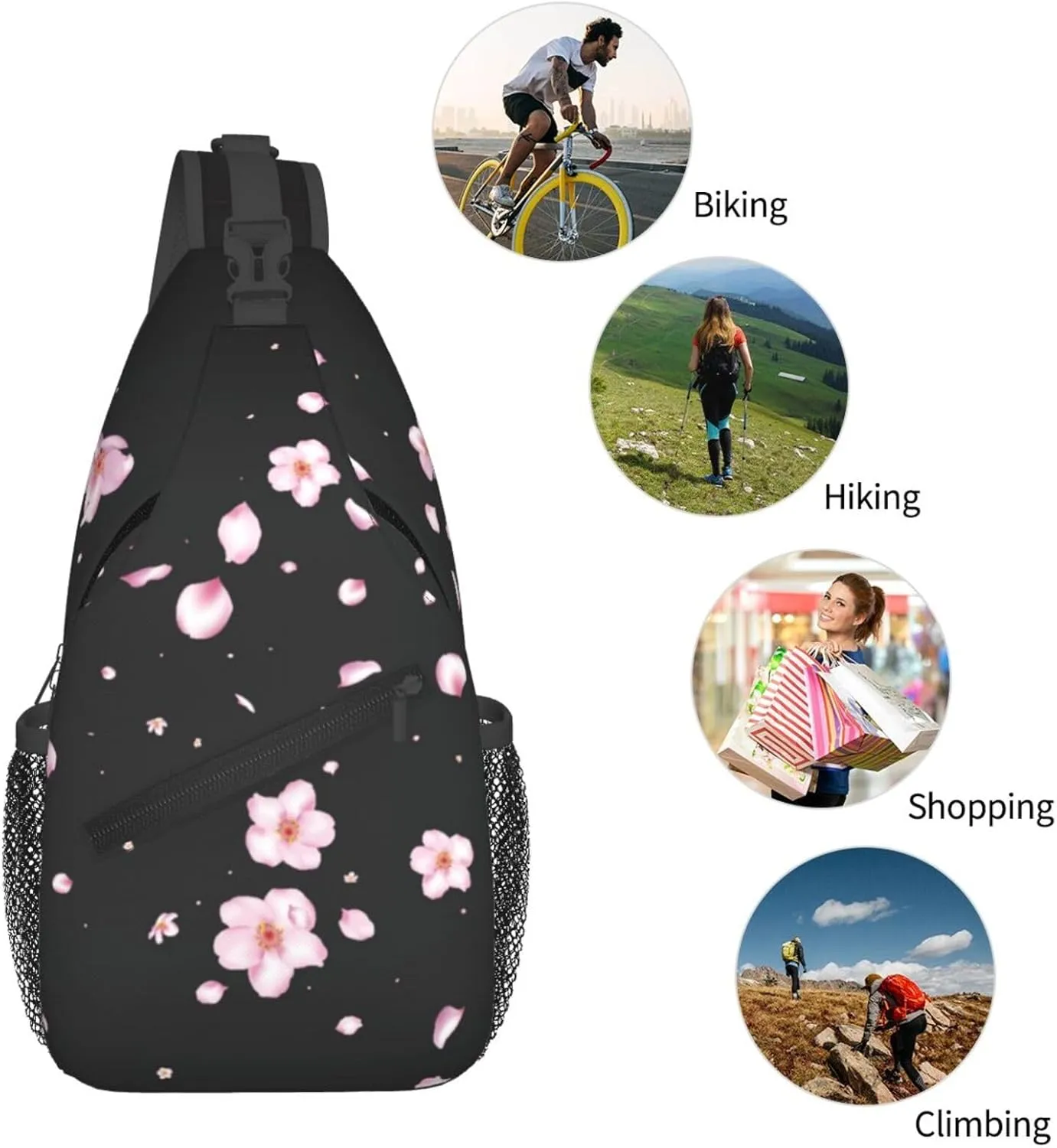 Cherry Blossom Sling Bag Crossbody Backpack,Abstract Japanese Pink Flowers with Flying Petals Chest Bag Casual Shoulder Backpack Nice Floral Print Sports Travel Hiking Daypack for Women Men
