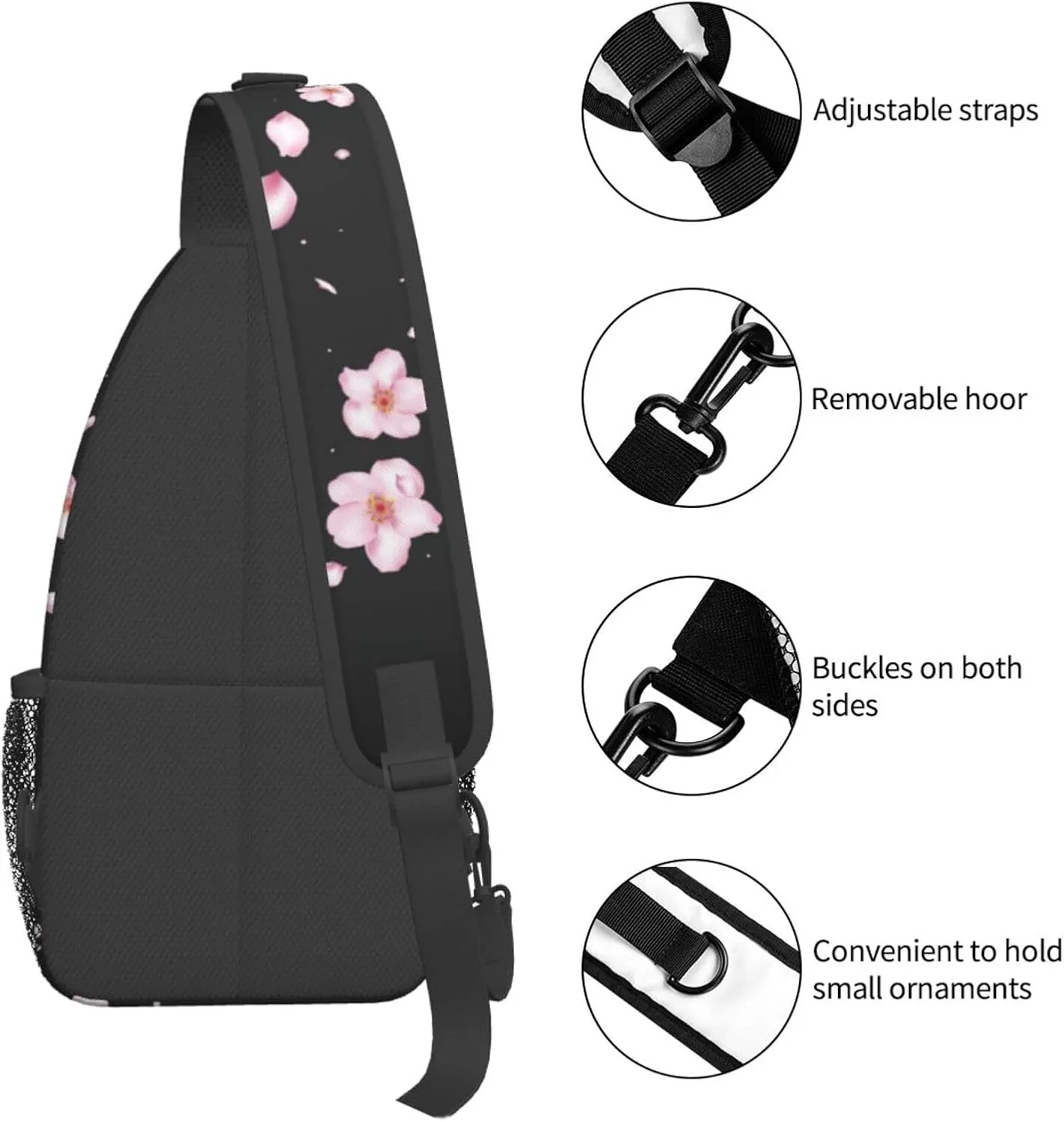 Cherry Blossom Sling Bag Crossbody Backpack,Abstract Japanese Pink Flowers with Flying Petals Chest Bag Casual Shoulder Backpack Nice Floral Print Sports Travel Hiking Daypack for Women Men