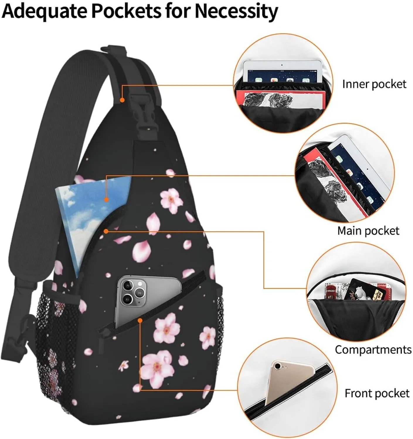 Cherry Blossom Sling Bag Crossbody Backpack,Abstract Japanese Pink Flowers with Flying Petals Chest Bag Casual Shoulder Backpack Nice Floral Print Sports Travel Hiking Daypack for Women Men