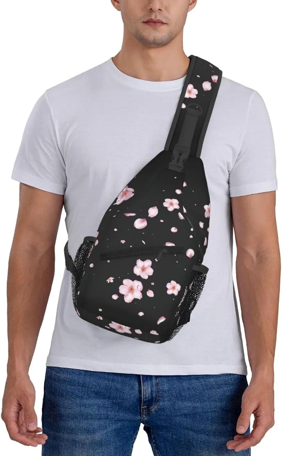 Cherry Blossom Sling Bag Crossbody Backpack,Abstract Japanese Pink Flowers with Flying Petals Chest Bag Casual Shoulder Backpack Nice Floral Print Sports Travel Hiking Daypack for Women Men
