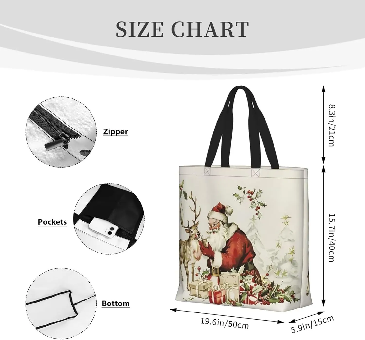 Christmas Tote Women's Travel Bag With Zipper - Large Beach Work Handbag