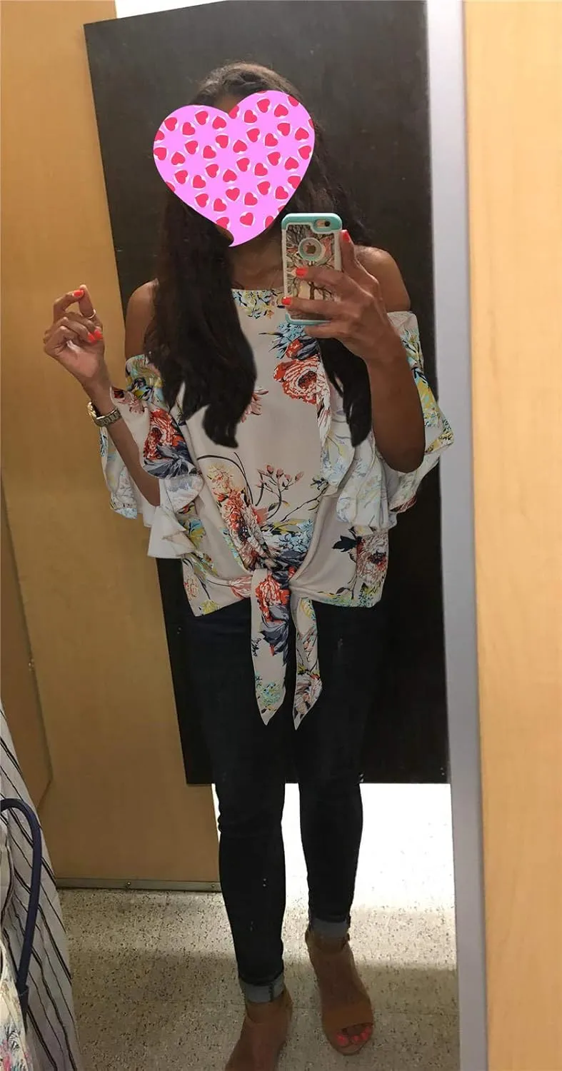 Chuanqi Womens Cold Shoulder Blouse Bell Sleeve Tie Knot Casual Summer Shirt Tops