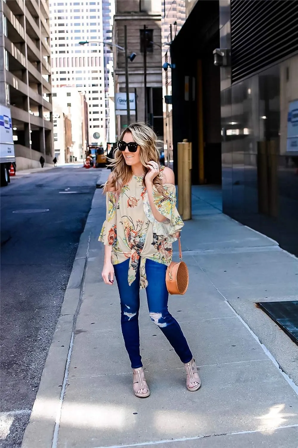 Chuanqi Womens Cold Shoulder Blouse Bell Sleeve Tie Knot Casual Summer Shirt Tops