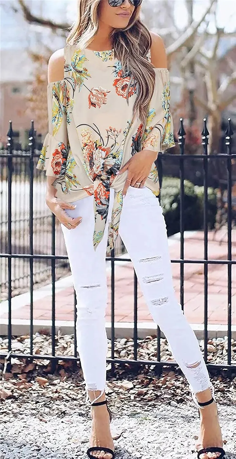 Chuanqi Womens Cold Shoulder Blouse Bell Sleeve Tie Knot Casual Summer Shirt Tops