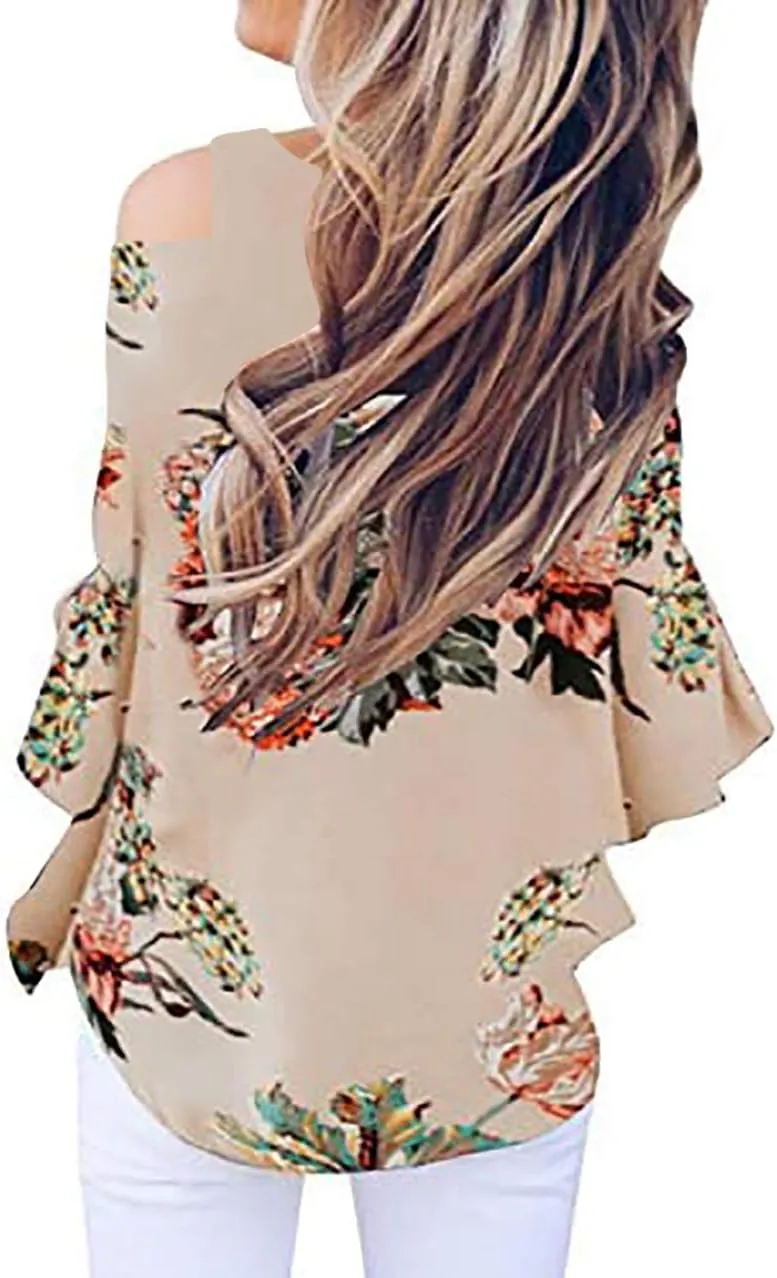 Chuanqi Womens Cold Shoulder Blouse Bell Sleeve Tie Knot Casual Summer Shirt Tops