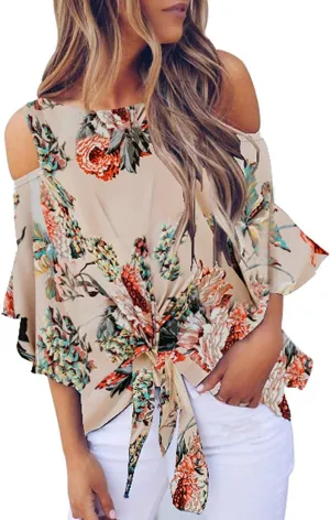 Chuanqi Womens Cold Shoulder Blouse Bell Sleeve Tie Knot Casual Summer Shirt Tops