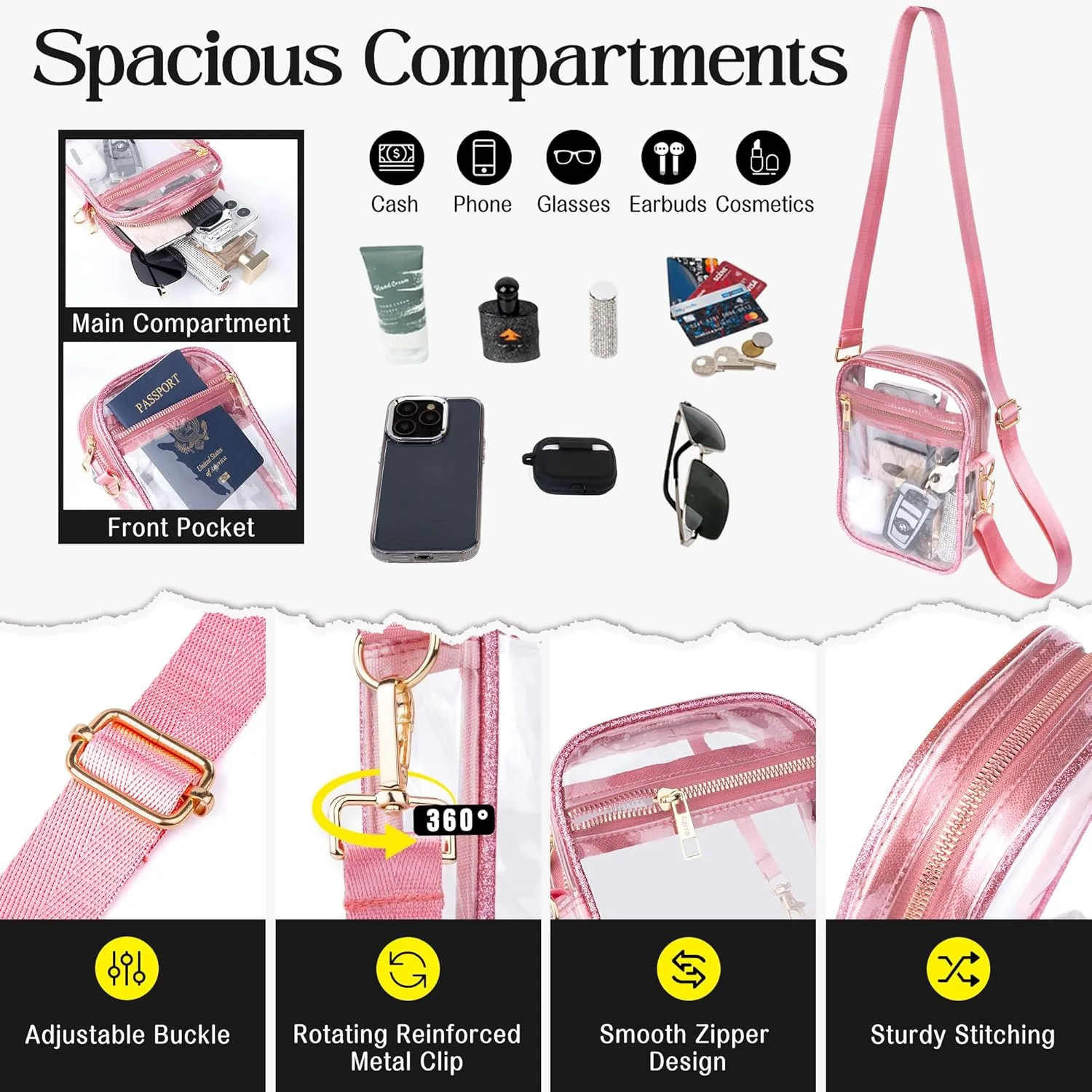Clear Bag Stadium Approved Crossbody: Bling Purse for Women - Small Concert Bag Under 12x6x12