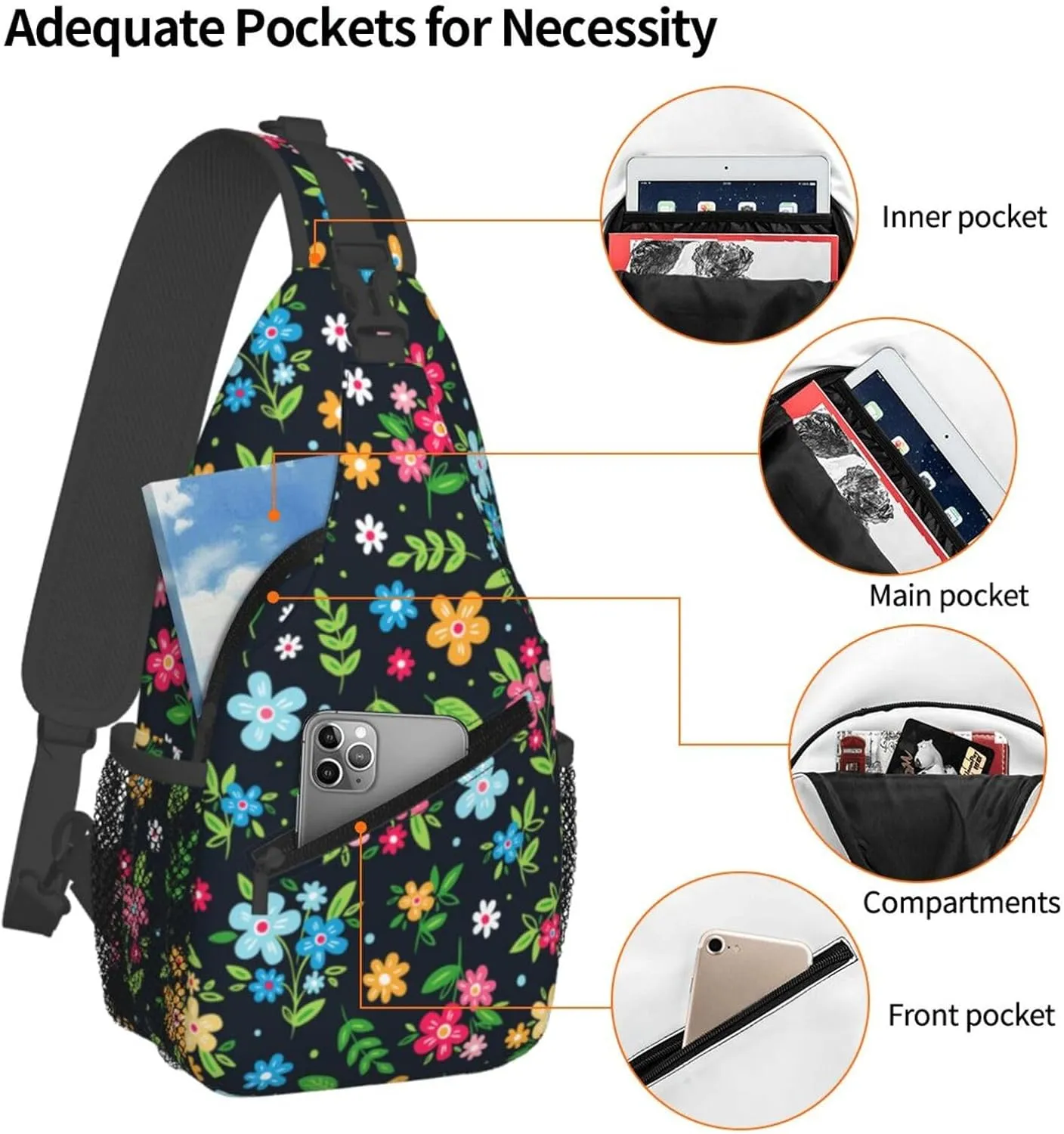 Colorful Floral Crossbody Sling Backpack Sling Bag Adjustable Chest Shoulder Daypack For Women Men
