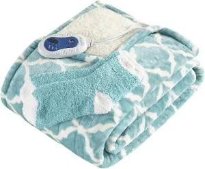 Comfort Spaces Plush to Sherpa Electric Blanket Shawl Shoulder, Neck Wrap with Matching Sock Set Giftable Ultra Soft, Warm, Snuggle Fleece-Reversible Heated Poncho Throw, 50" W x 64" L, Ogee Aqua
