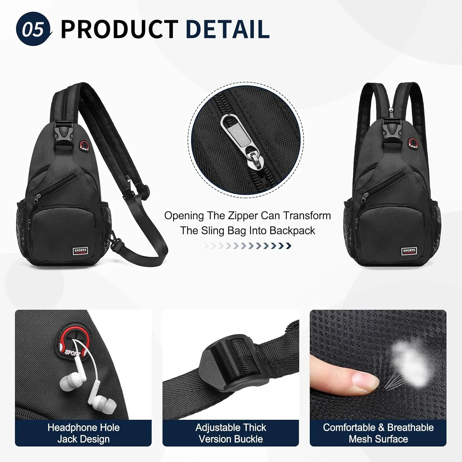 Convertible Sling Bag Crossbody Backpack, 11-Inch Pads Bags with Headphone Jack Shoulder Bag Casual Pack for Women Men Hiking Travel Cycling (Black)