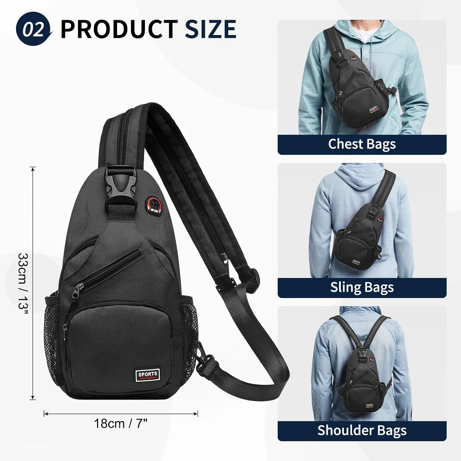 Convertible Sling Bag Crossbody Backpack, 11-Inch Pads Bags with Headphone Jack Shoulder Bag Casual Pack for Women Men Hiking Travel Cycling (Black)