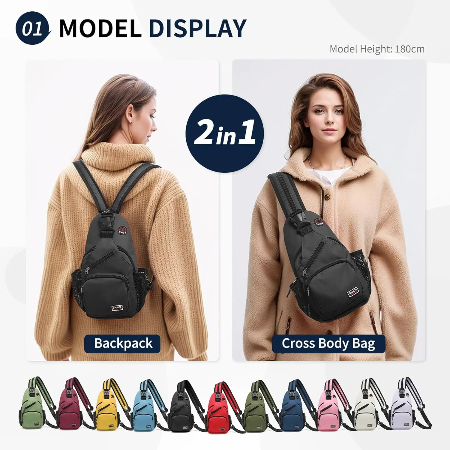 Convertible Sling Bag Crossbody Backpack, 11-Inch Pads Bags with Headphone Jack Shoulder Bag Casual Pack for Women Men Hiking Travel Cycling (Black)