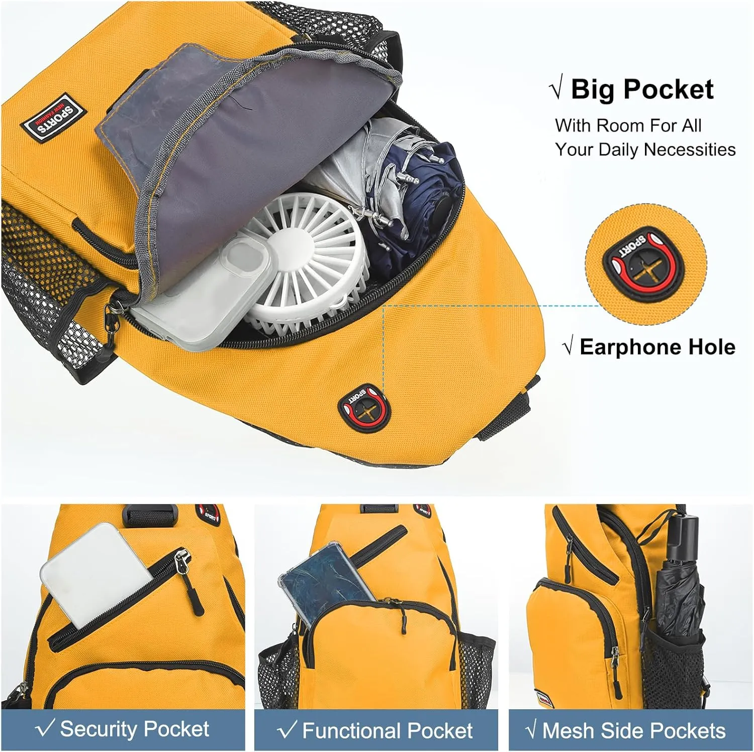 Convertible Sling Bag Crossbody Backpack - 8.5"x15" (LXH) Good for Women Men Hiking Travel Cycling - Multifunctional Shoulder Bag Casual Packs with Headphone Jack - Yellow