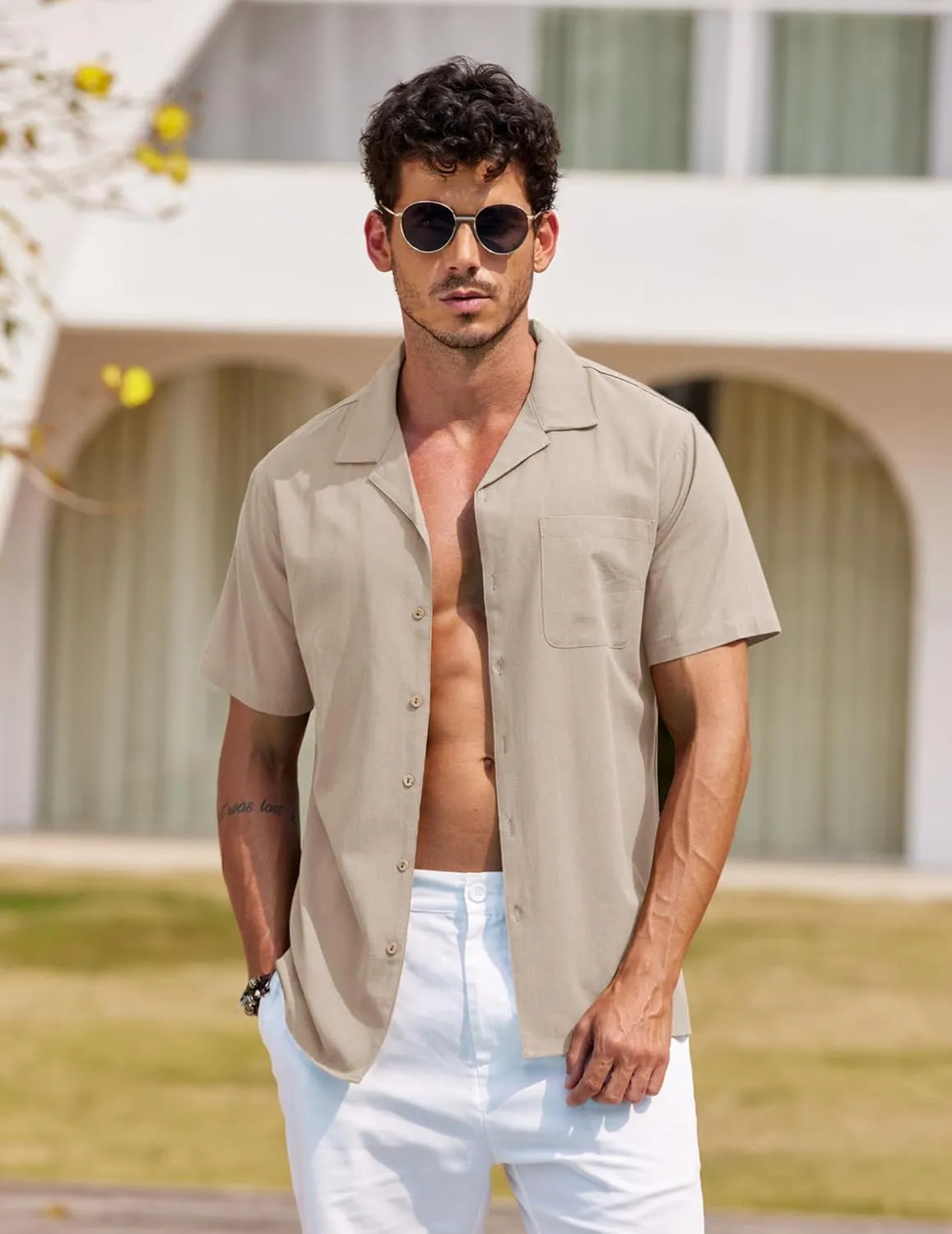 COOFANDY Men's Hawaiian Floral Shirts Cotton Linen Button Down Tropical Holiday Beach Shirts