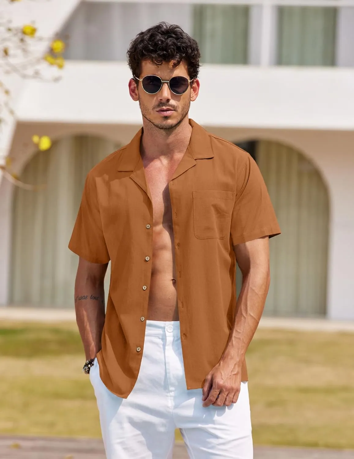 COOFANDY Men's Hawaiian Floral Shirts Cotton Linen Button Down Tropical Holiday Beach Shirts