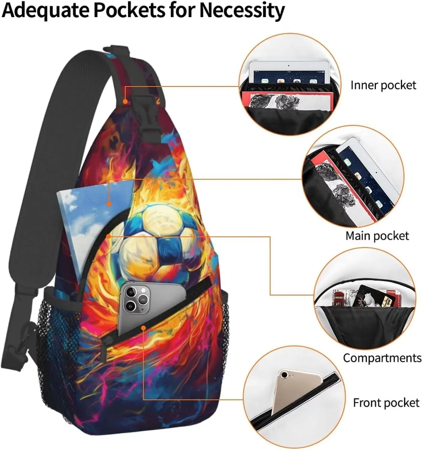 Cool Soccer Print Crossbody Bags Shoulder Bag Cross Body Bag for Men Sport Ball On Fire Sling Bag for Women Leather Sling Backpack Travel