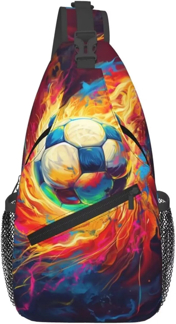 Cool Soccer Print Crossbody Bags Shoulder Bag Cross Body Bag for Men Sport Ball On Fire Sling Bag for Women Leather Sling Backpack Travel