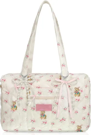 Coquette Bag White Pink Floral Bag Cute Quilted Duffle handbag for Women Shoulder Purse with 2 Pcs Bow Pearl Keychain for Christmas Gifts Business Travel Family Trip