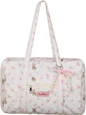 Coquette Bag with Bow Keychain White Pink Floral Travel Duffel Bag for Women Sweetly Bunny Handbag Cute Quilted Puffer Bags Shoulder Purse Carry on Bags for Travel Family Trip Christmas Gifts Business