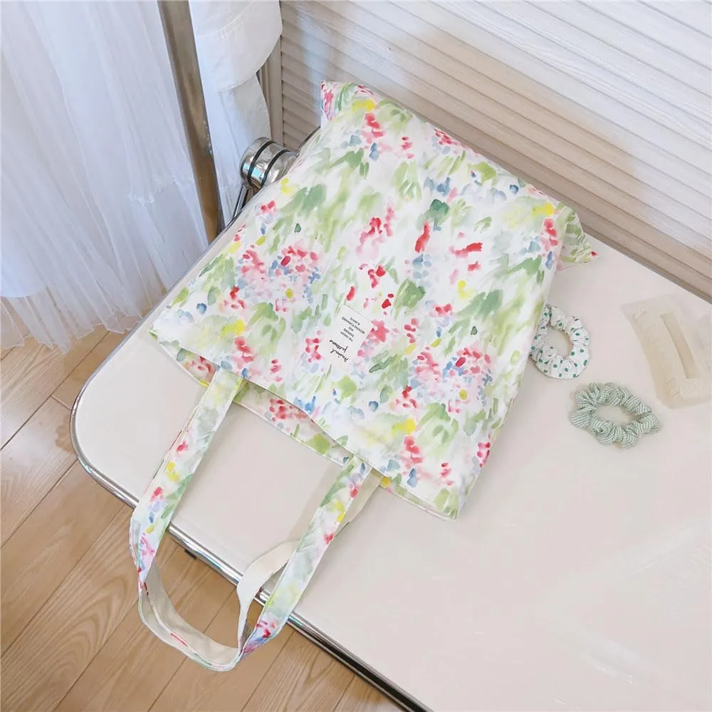 Cotton Canvas Tote Bag Reusable Soft Grocery Cloth Bag Floral Shoulder Bag for Beach Travel Shopping