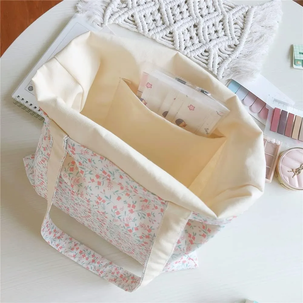 Cotton Canvas Tote Bag Reusable Soft Grocery Cloth Bag Floral Shoulder Bag for Beach Travel Shopping