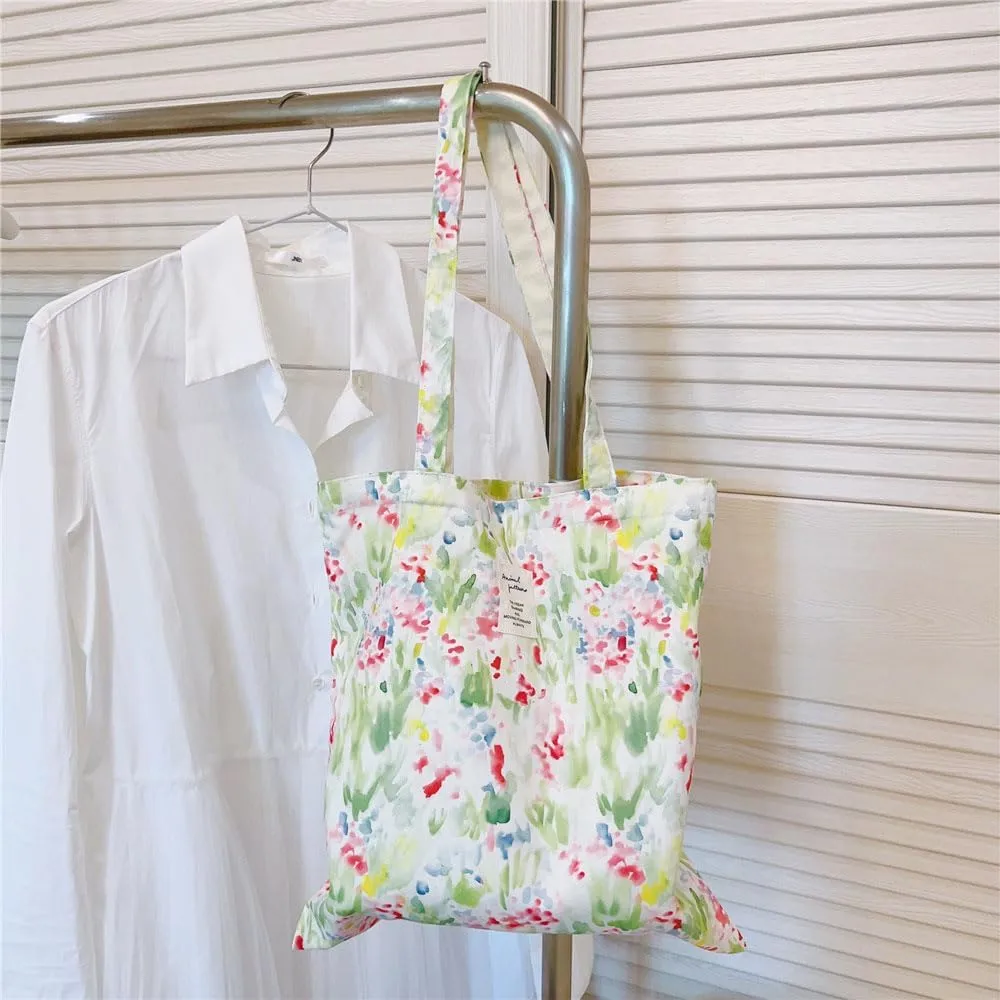 Cotton Canvas Tote Bag Reusable Soft Grocery Cloth Bag Floral Shoulder Bag for Beach Travel Shopping
