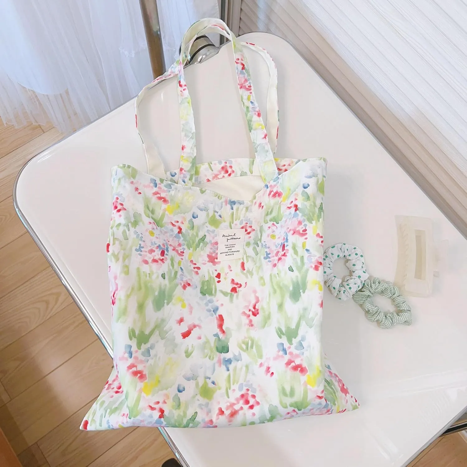 Cotton Canvas Tote Bag Reusable Soft Grocery Cloth Bag Floral Shoulder Bag for Beach Travel Shopping